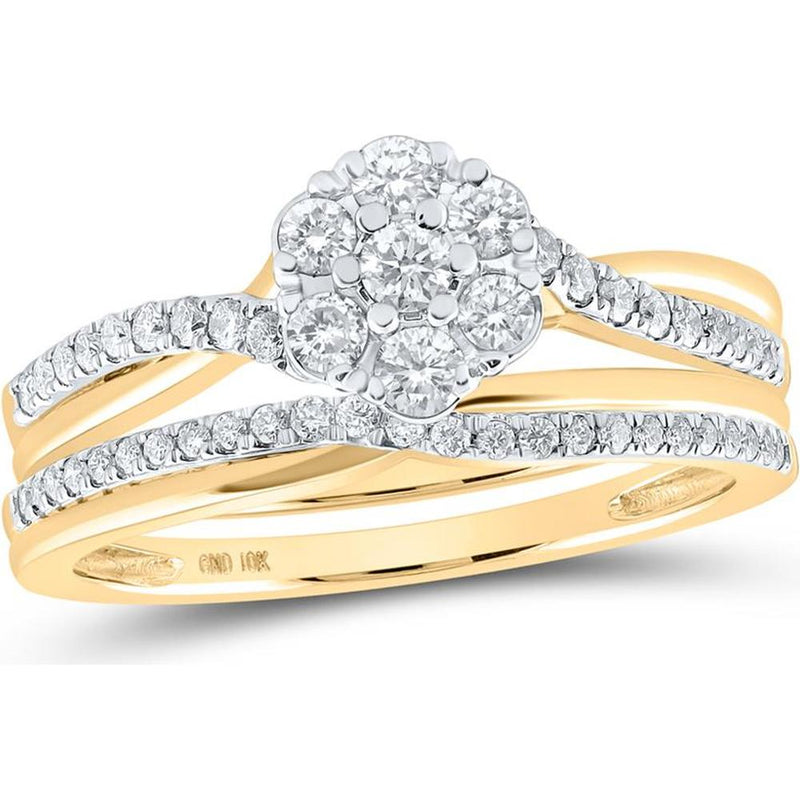 GND 10K Yellow Gold Round Diamond Cluster Bridal Wedding Ring Set - 1/2 Carat Total Diamond Weight