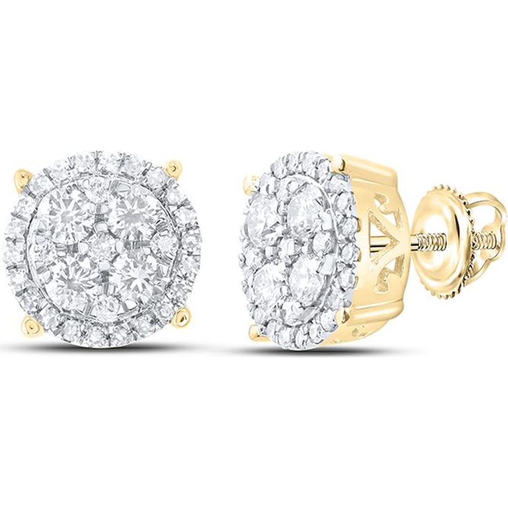 GND 10K Yellow Gold Round Diamond Cluster Earrings with Prong and Pave Settings - 1.00 Carat Total Diamond Weight