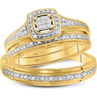 GND 10K Yellow Gold Round Diamond Cluster Matching Wedding Ring Set - 1/10 Carat Total Diamond Weight