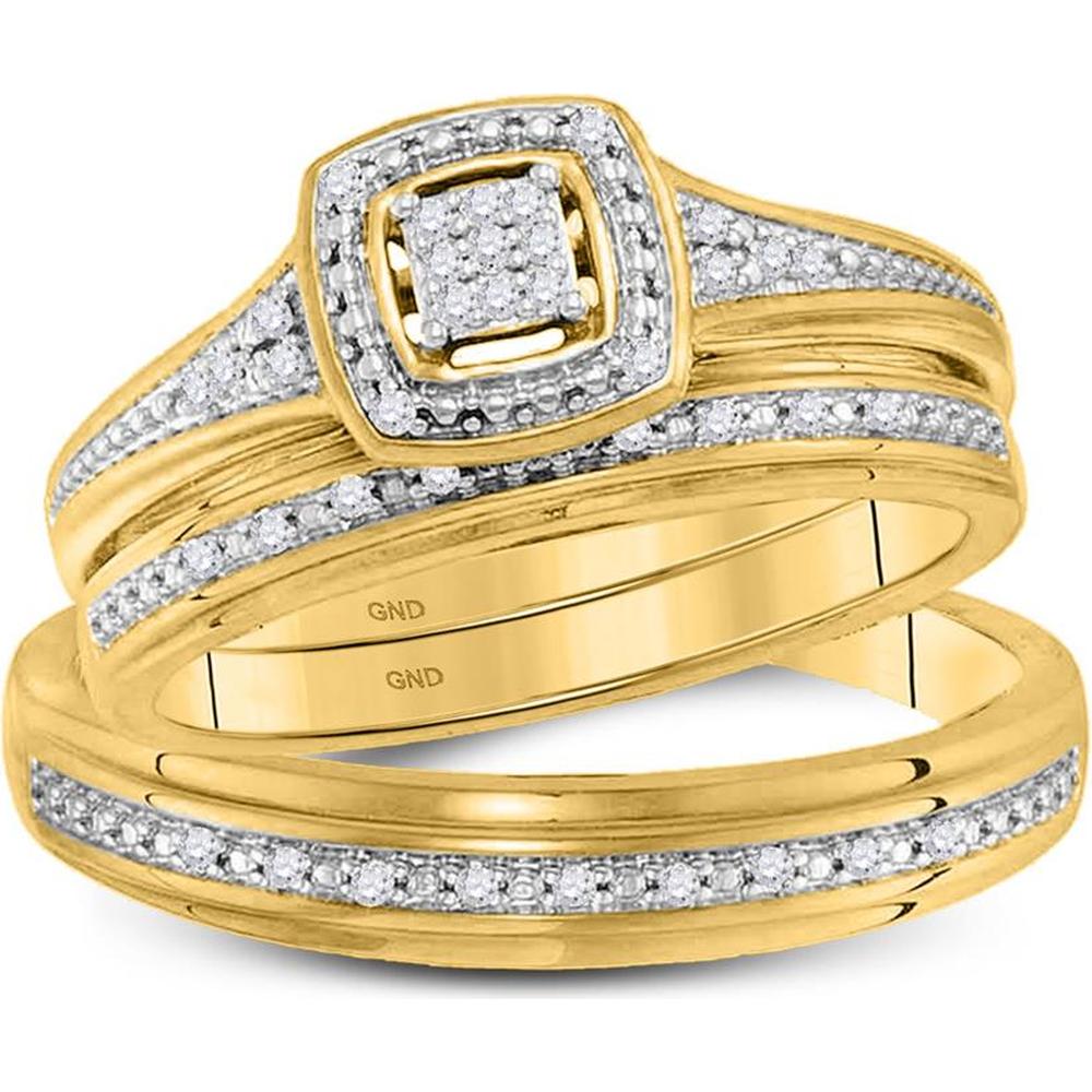 GND 10K Yellow Gold Round Diamond Cluster Matching Wedding Ring Set - 1/10 Carat Total Diamond Weight