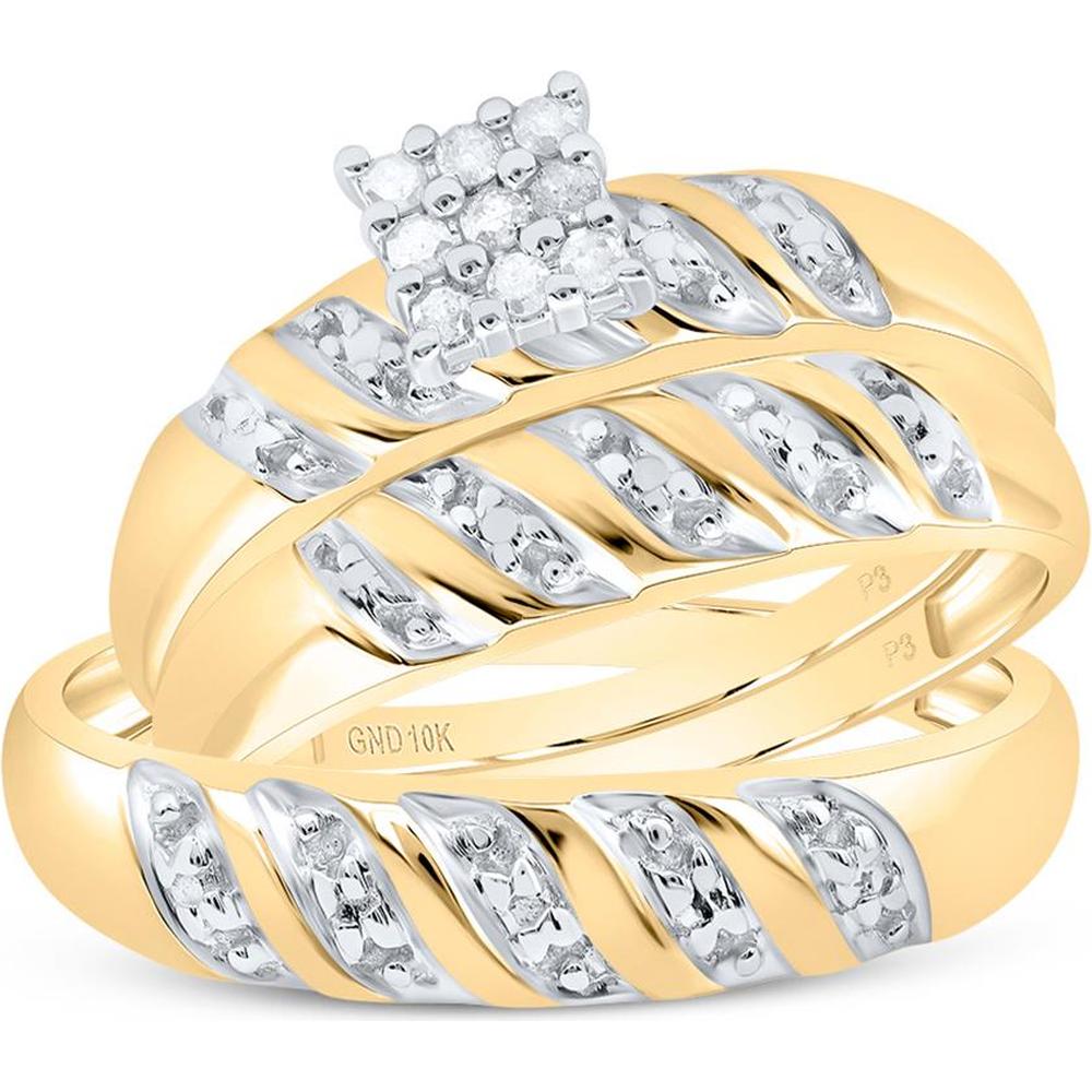 GND 10K Yellow Gold Round Diamond Cluster Matching Wedding Ring Set - 1/10 Total Carat Weight