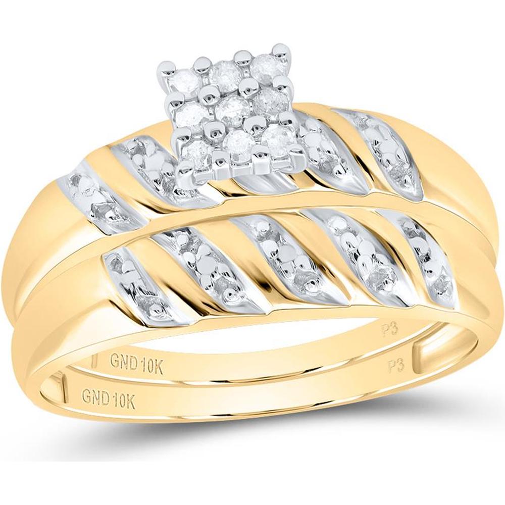 GND 10K Yellow Gold Round Diamond Cluster Matching Wedding Ring Set - 1/10 Total Carat Weight
