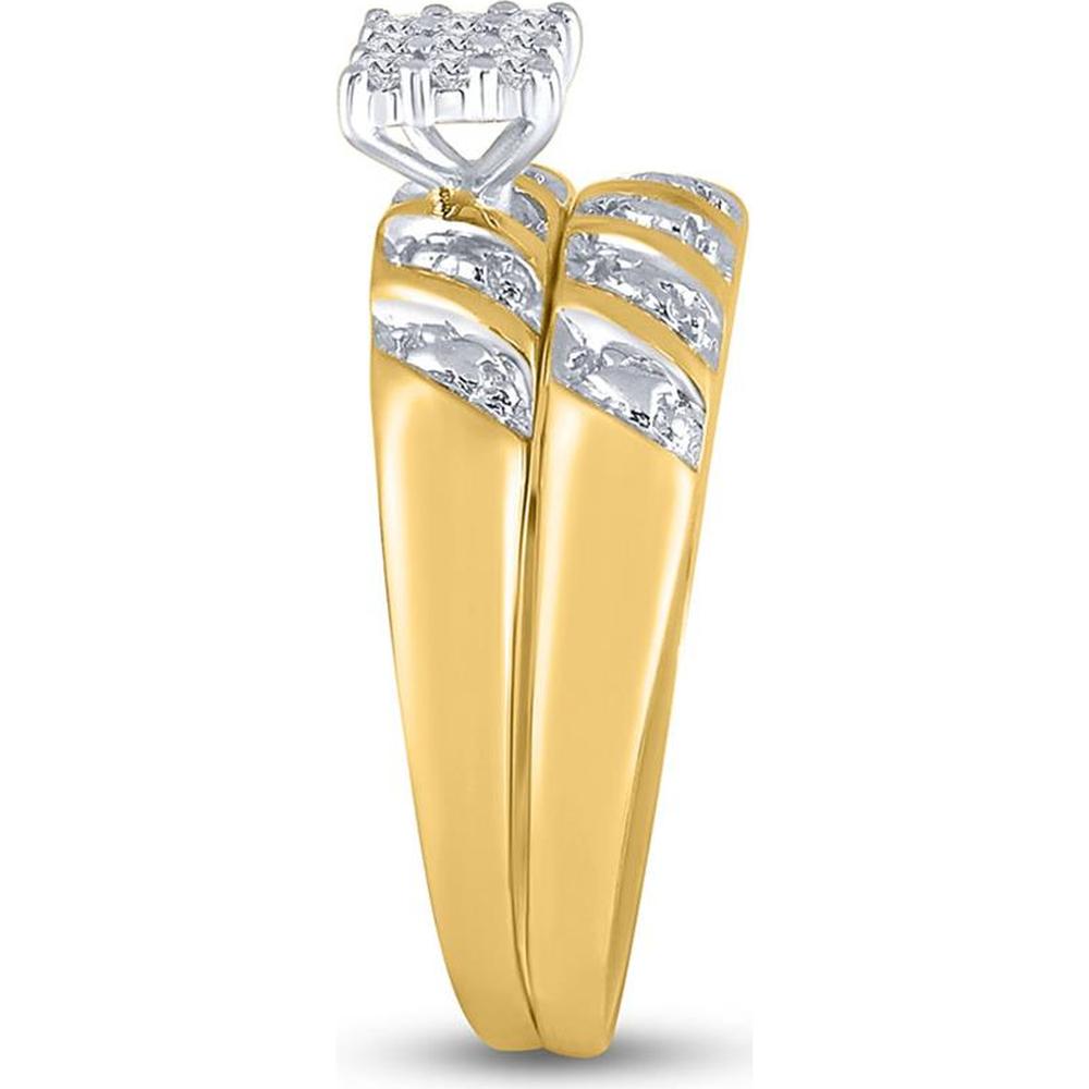 GND 10K Yellow Gold Round Diamond Cluster Matching Wedding Ring Set - 1/10 Total Carat Weight
