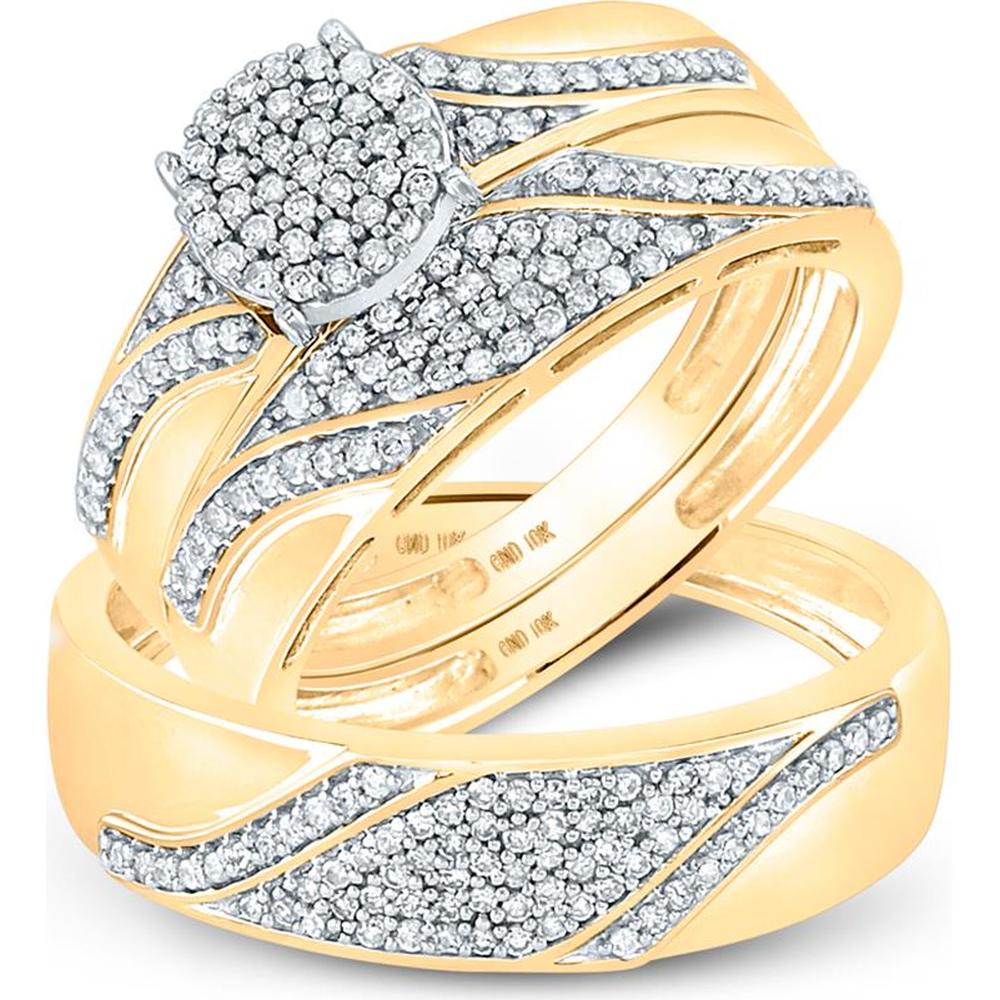 GND 10K Yellow Gold Round Diamond Cluster Matching Wedding Ring Set - 1/2 Carat Total Diamond Weight