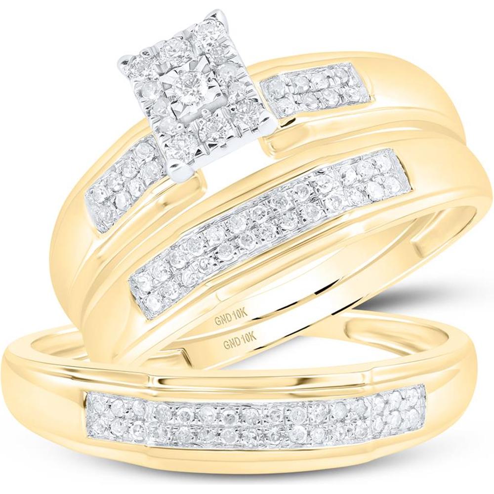 GND 10K Yellow Gold Round Diamond Cluster Matching Wedding Ring Set - 1/3 Carat Total Diamond Weight