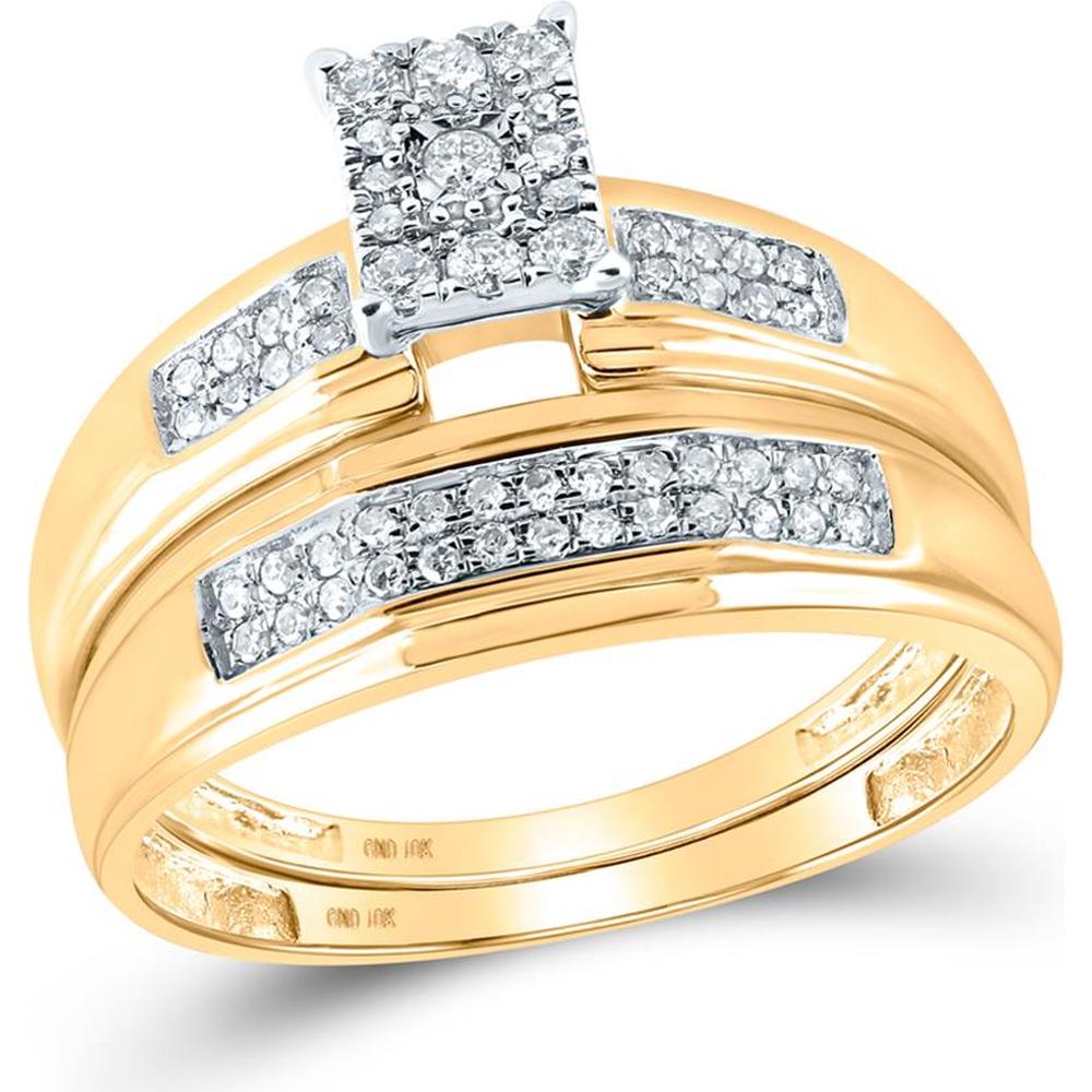 GND 10K Yellow Gold Round Diamond Cluster Matching Wedding Ring Set - 1/3 Carat Total Diamond Weight