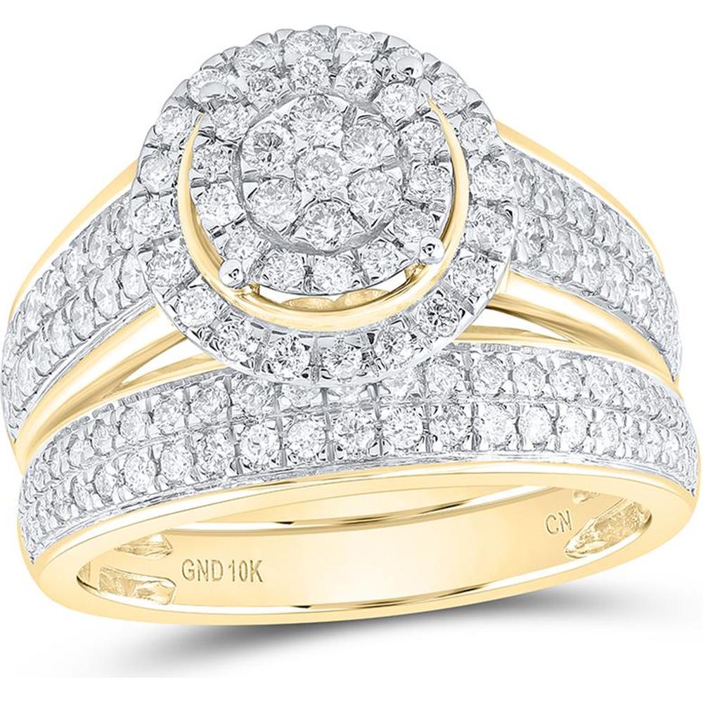 GND 10K Yellow Gold Round Diamond Cluster Matching Wedding Ring Set – 1.75 Carat Total Diamond Weight