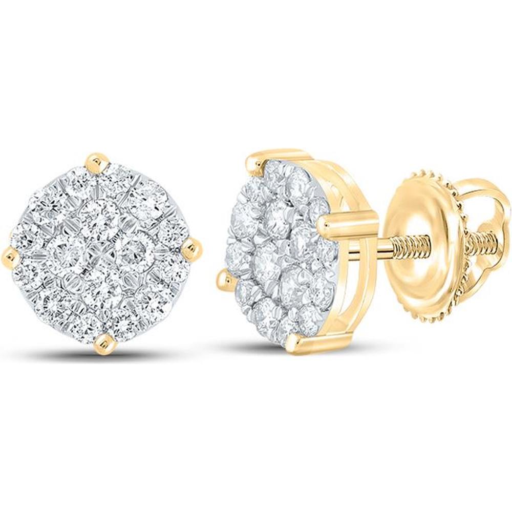 GND 10K Yellow Gold Round Diamond Cluster Stud Earrings with Prong Set Diamonds - 1/2 Carat Total Diamond Weight