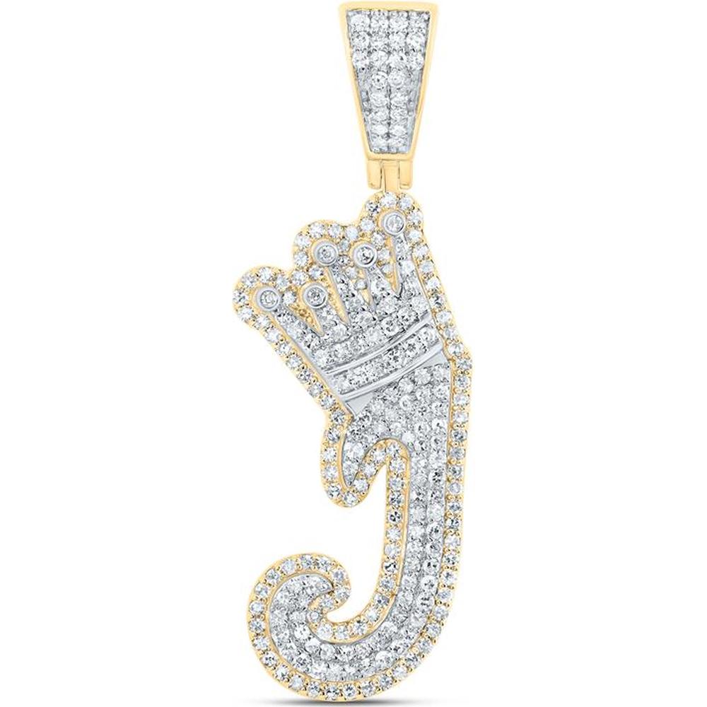 GND 10K Yellow Gold Round Diamond Crown Letter "J" Charm Pendant - 1.00 Carat Total Diamond Weight
