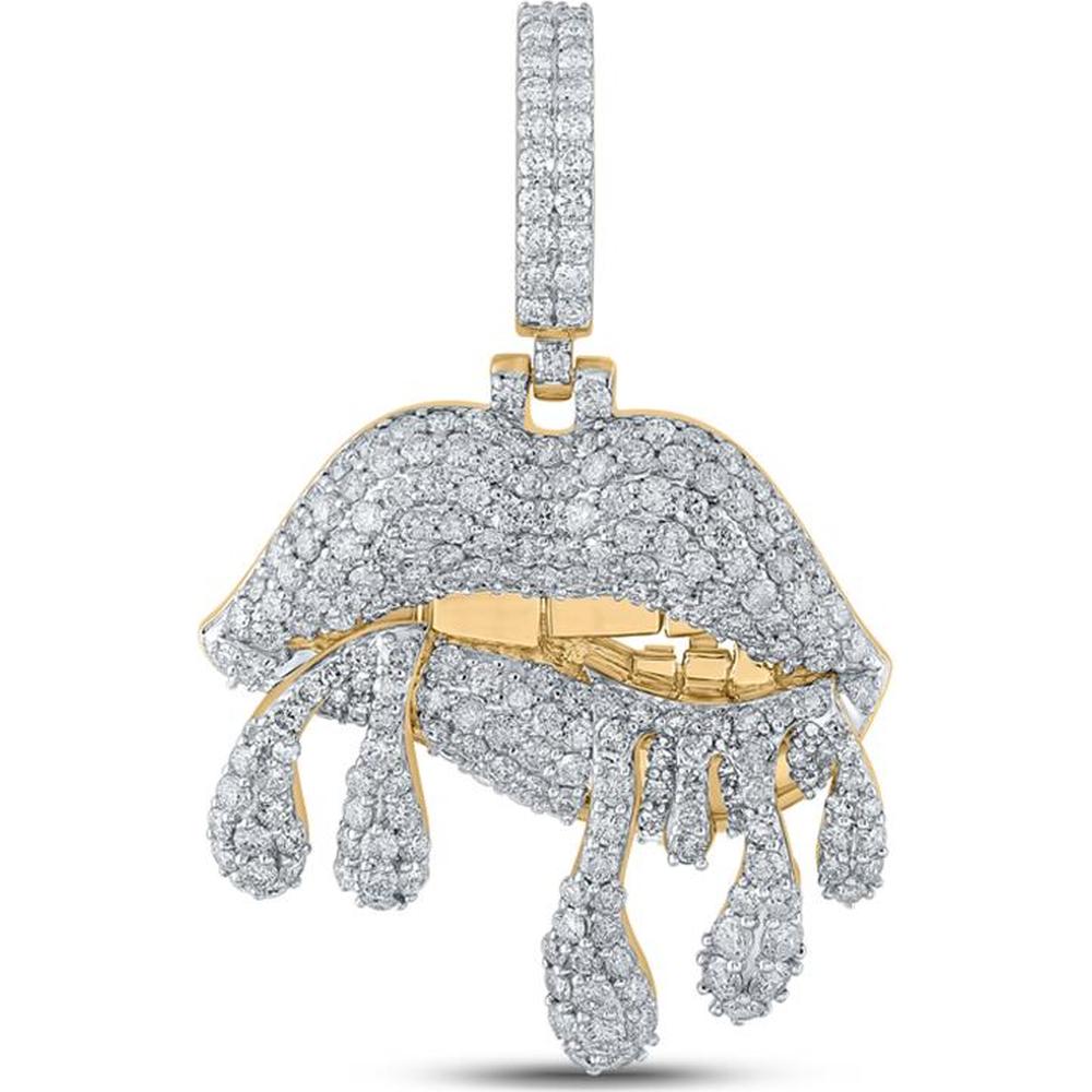 GND 10K Yellow Gold Round Diamond Dripping Lips Pendant - 3.20 Carat Total Diamond Weight