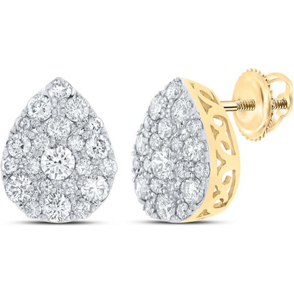 GND 10K Yellow Gold Round Diamond Drop Cluster Earrings - 1 Carat Total Diamond Weight
