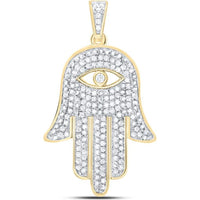 GND 10K Yellow Gold Round Diamond Eye Of Fatima Hamsa Hand Pendant - 1/2 Carat Total Diamond Weight