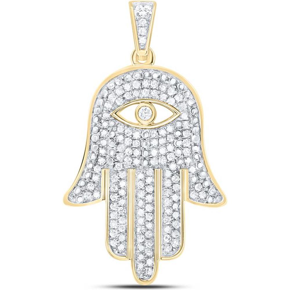 GND 10K Yellow Gold Round Diamond Eye Of Fatima Hamsa Hand Pendant - 1/2 Carat Total Diamond Weight