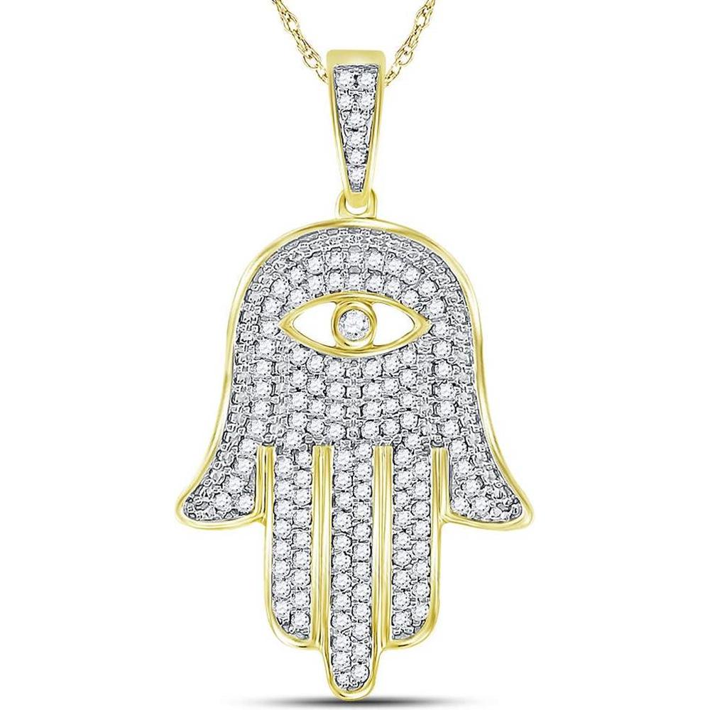 GND 10K Yellow Gold Round Diamond Eye Of Fatima Hamsa Hand Pendant - 1/2 Carat Total Diamond Weight