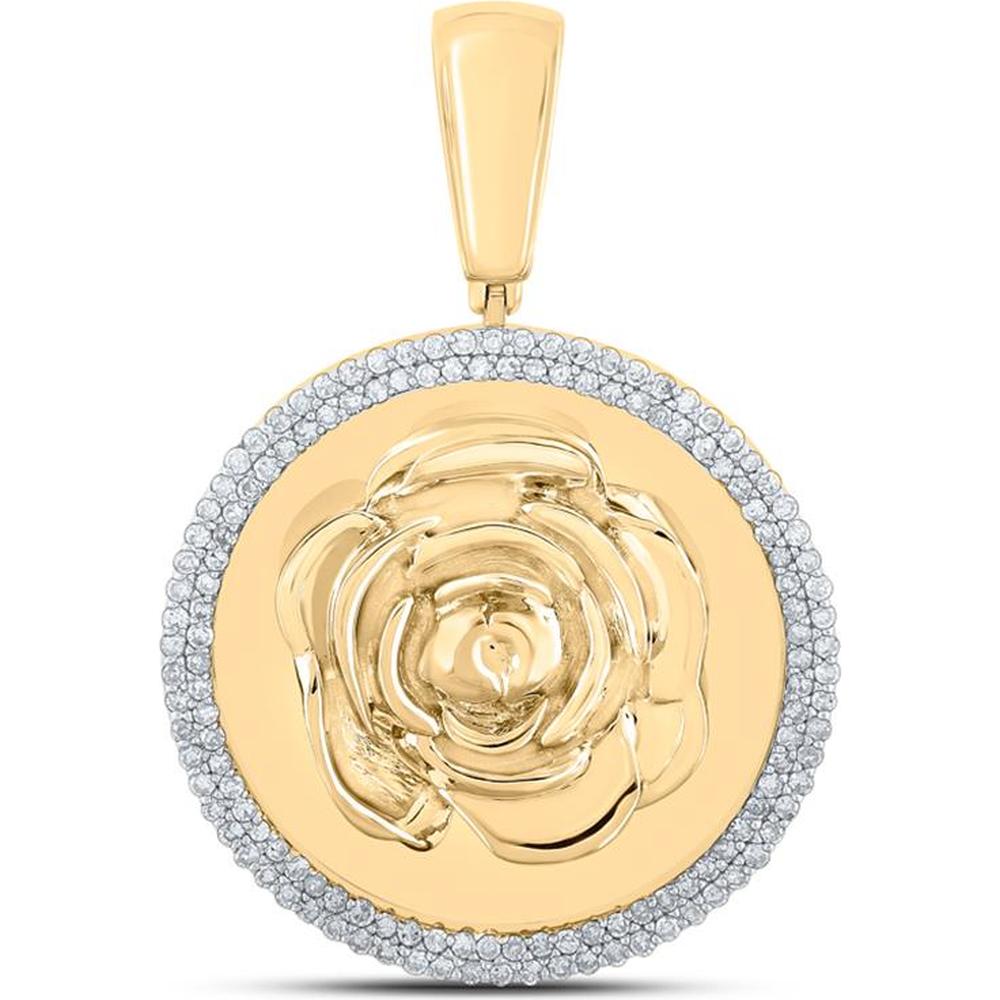 GND 10K Yellow Gold Round Diamond Halo Rose Charm Pendant - 0.56 Carat Total Diamond Weight