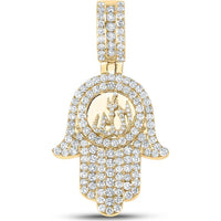 GND 10K Yellow Gold Round Diamond Hamsa Allah Pendant with Pave and Channel Set Diamonds - 3.00 Carat Total Diamond Weight