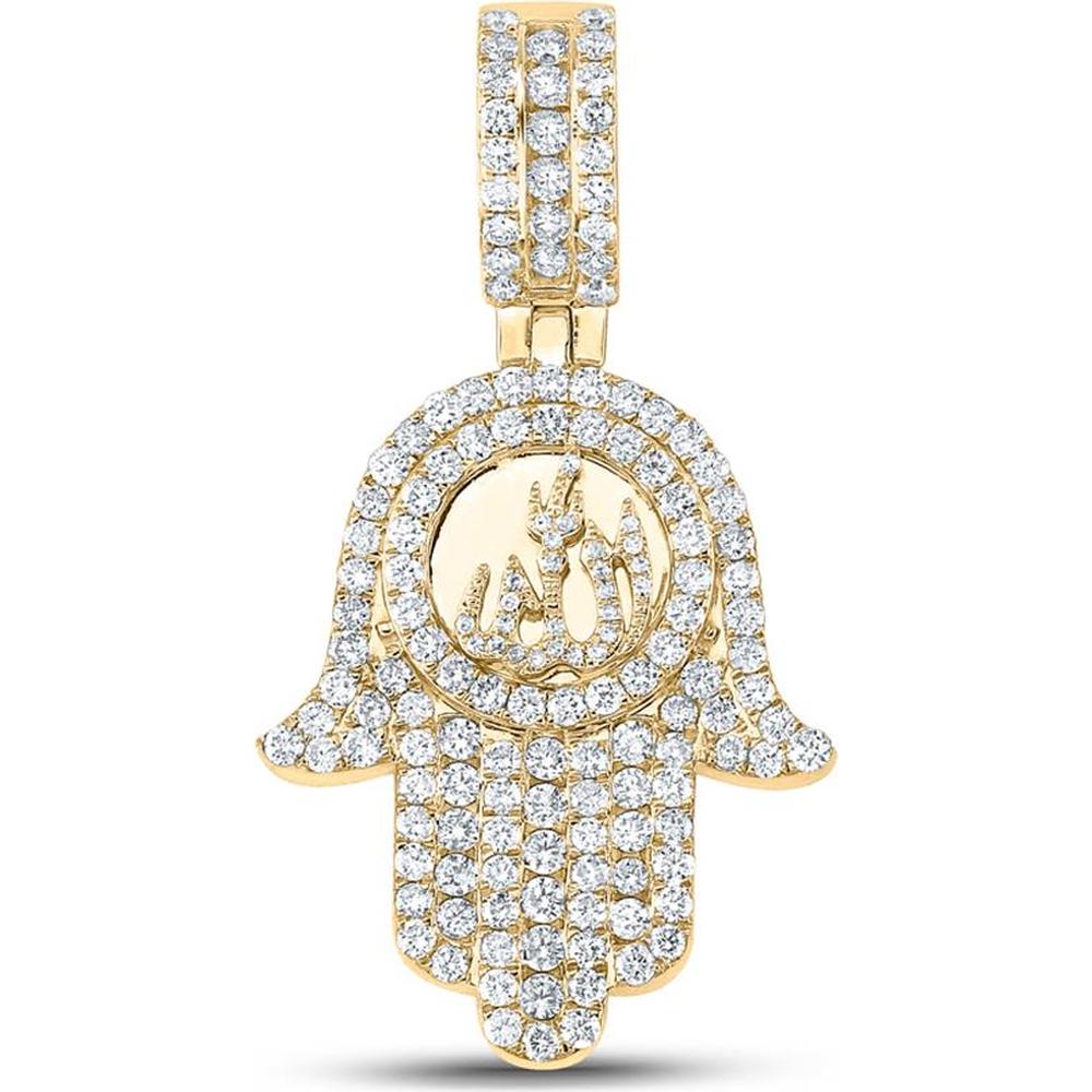 GND 10K Yellow Gold Round Diamond Hamsa Allah Pendant with Pave and Channel Set Diamonds - 3.00 Carat Total Diamond Weight