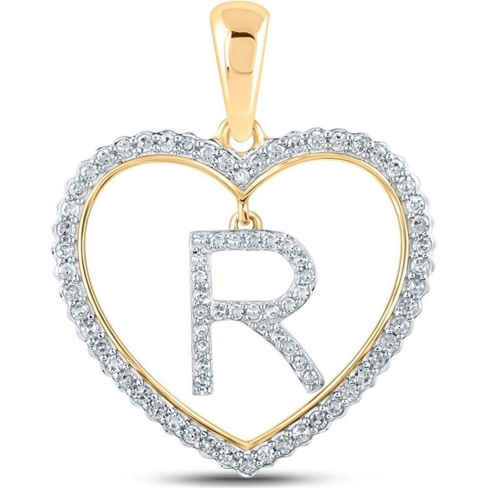 GND 10K Yellow Gold Round Diamond Heart Initial "R" Pendant - 1/4 Carat Total Diamond Weight