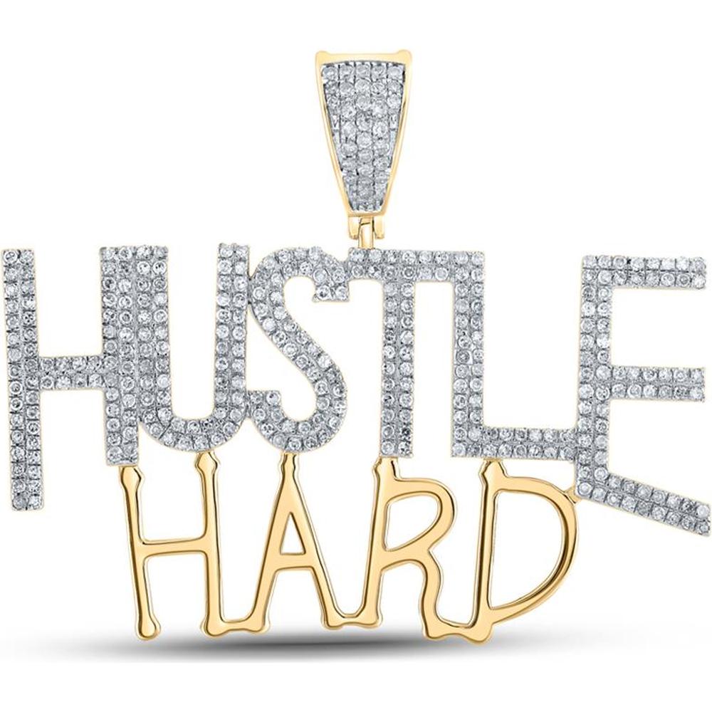 GND 10K Yellow Gold Round Diamond Hustle Hard Phrase Charm Pendant - 1.00 Carat Total Diamond Weight