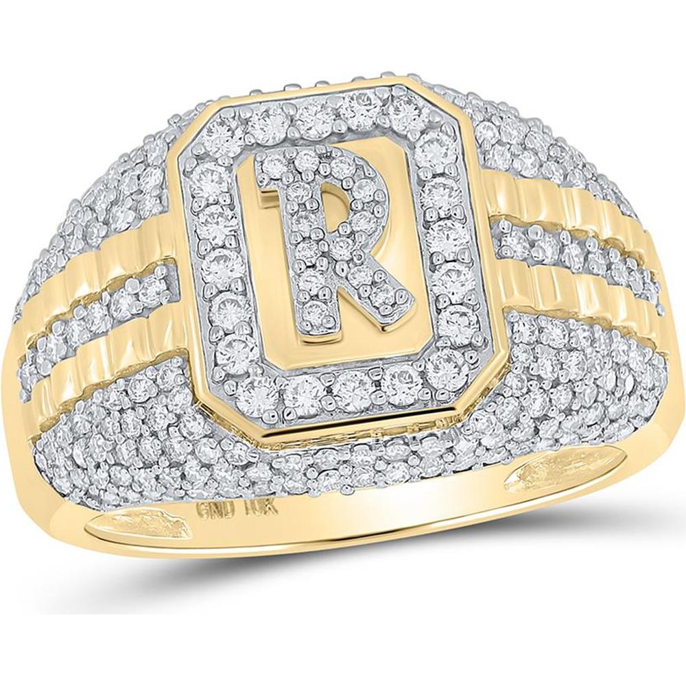 GND 10K Yellow Gold Round Diamond Initial R Ring - 1-1/3 Carat Total Diamond Weight