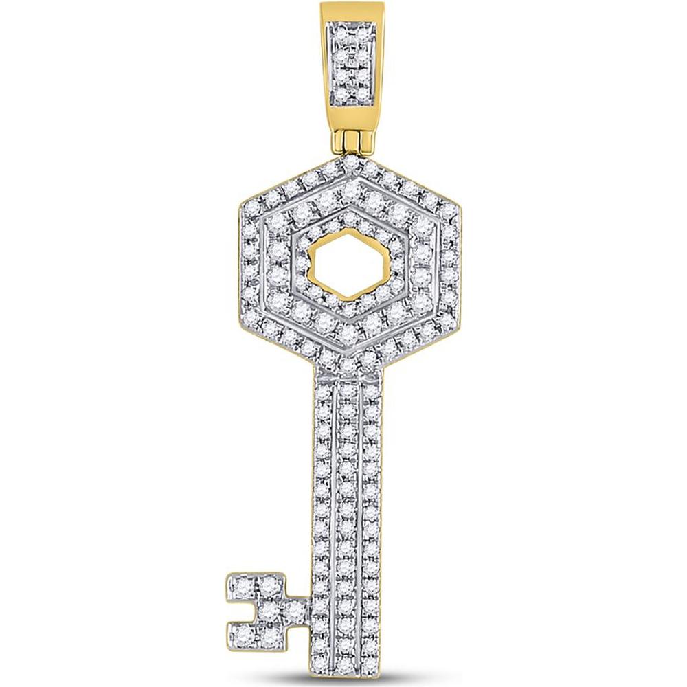 GND 10K Yellow Gold Round Diamond Key Charm Pendant with Pave-Set Diamonds - 0.65 Carat Total Diamond Weight
