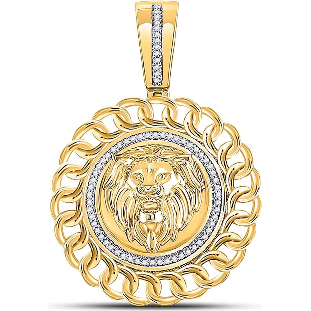 GND 10K Yellow Gold Round Diamond Lion Head Circle Pendant - 1/5 Total Carat Weight.