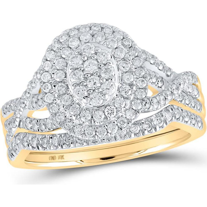 GND 10K Yellow Gold Round Diamond Oval Bridal Wedding Ring Set with Prong-Set Diamonds - 0.75 Carat Total Diamond Weight