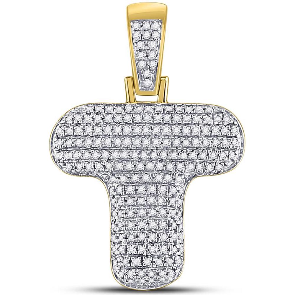 GND 10K Yellow Gold Round Diamond Pave-Set Bubble T Letter Pendant - 0.55 Carat Total Diamond Weight