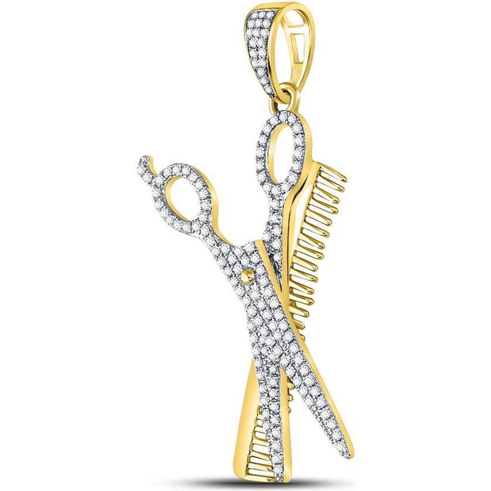 GND 10K Yellow Gold Round Diamond Scissors Comb Barber Charm
