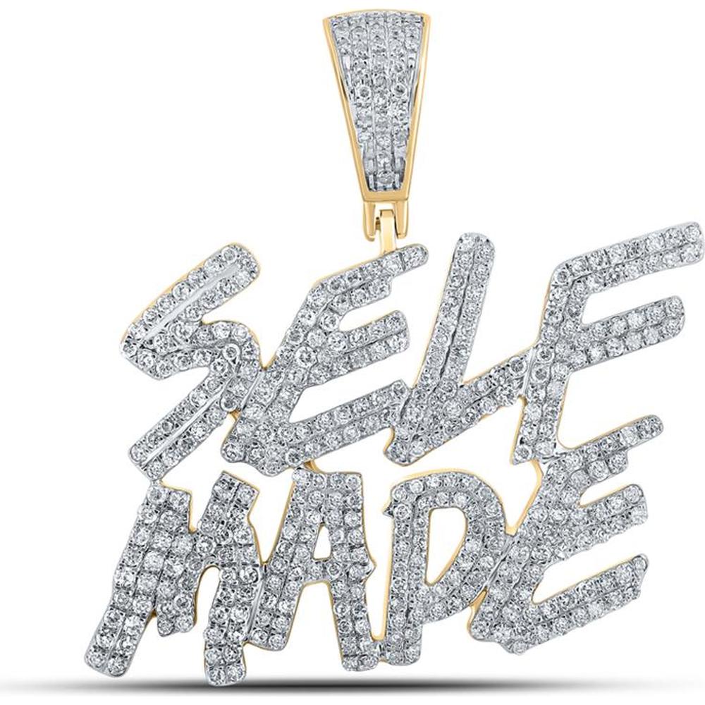 GND 10K Yellow Gold Round Diamond "Self Made" Phrase Charm Pendant - 1-3/8 Carat Total Diamond Weight