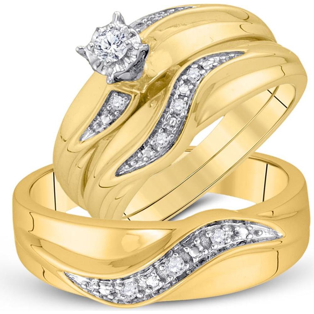 GND 10K Yellow Gold Round Diamond Solitaire Matching Wedding Ring Set - 1/6 Carat Total Diamond Weight