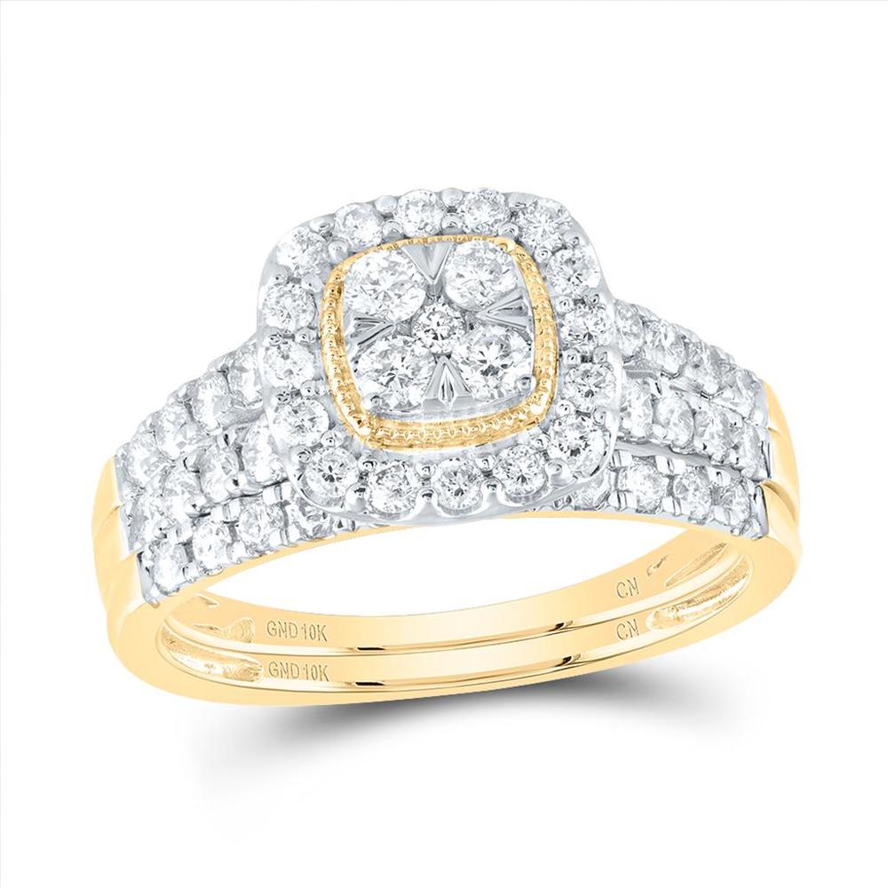 GND 10K Yellow Gold Round Diamond Square Cluster Bridal Wedding Ring Set - 1.00 Carat Total Diamond Weight