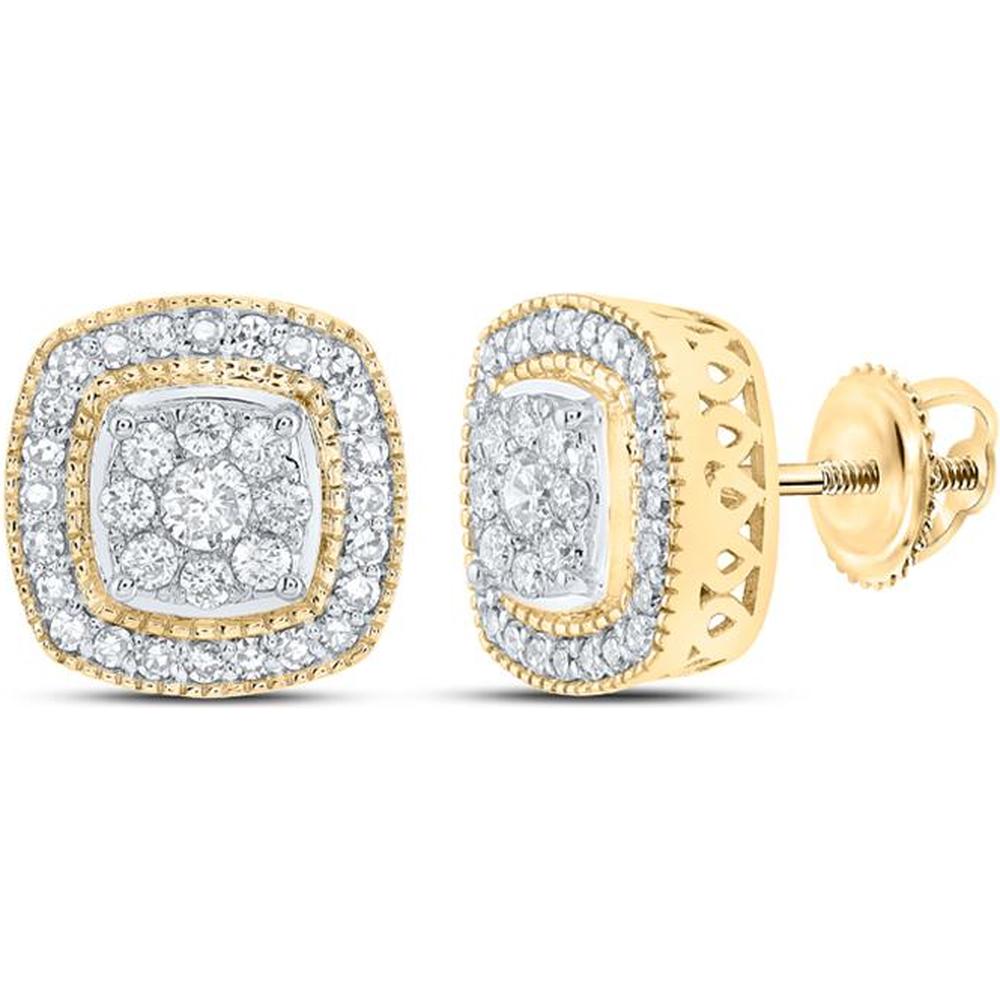 GND 10K Yellow Gold Round Diamond Square Stud Earrings - 1/2 Carat Total Diamond Weight