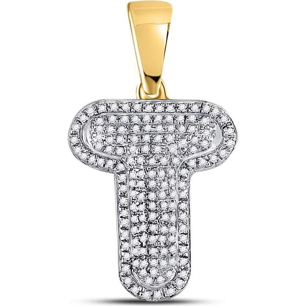 GND 10K Yellow Gold Round Diamond "T" Bubble Initial Pendant - 3/8 Carat Total Diamond Weight