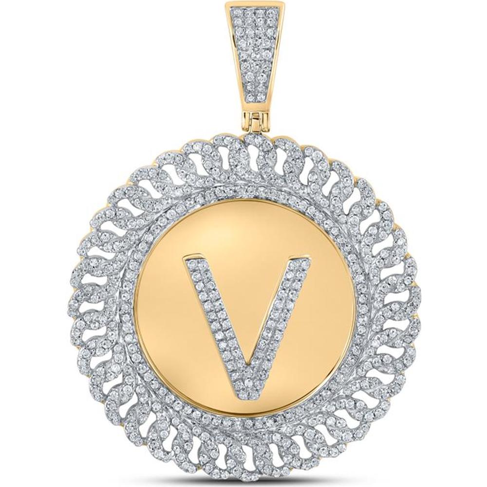 GND 10K Yellow Gold Round Diamond V Letter Circle Charm Pendant - 1.18 Carat Total Diamond Weight