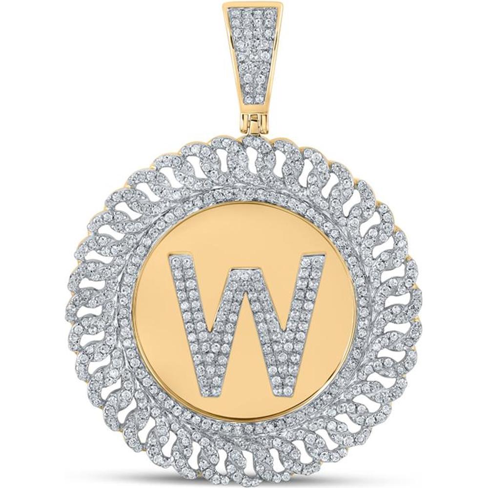 GND 10K Yellow Gold Round Diamond "W" Letter Circle Charm Pendant - 1.33 Carat Total Diamond Weight