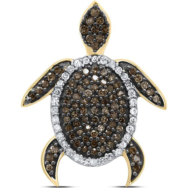 GND 10K Yellow Gold Sea Turtle Pendant with Pave-Set Round Brown and White Diamonds - 3/8 Total Carat Weight