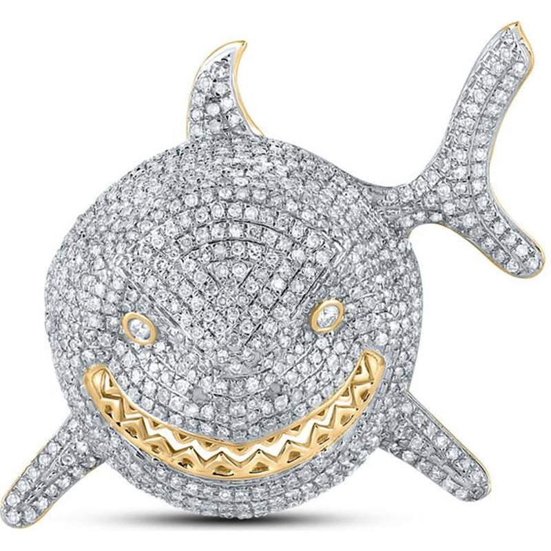 GND 10K Yellow Gold Shark Animal Charm Pendant with Pave-Set Round Diamonds – 1.87 Carat Total Diamond Weight