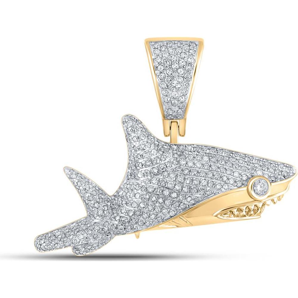 GND 10K Yellow Gold Shark Charm Pendant with Pave-Set Round Diamonds - 1.01 Carat Total Diamond Weight