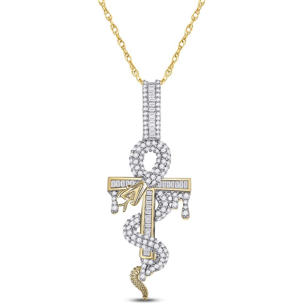 GND 10K Yellow Gold Snake Ankh Cross Pendant with Baguette and Round Diamonds - 1-1/5 Total Carat Weight