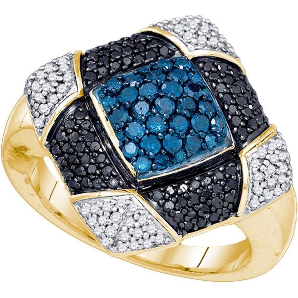 GND 10K Yellow Gold Square Cluster Ring with Blue, Black, and White Diamonds - 7/8 Total Carat Weight