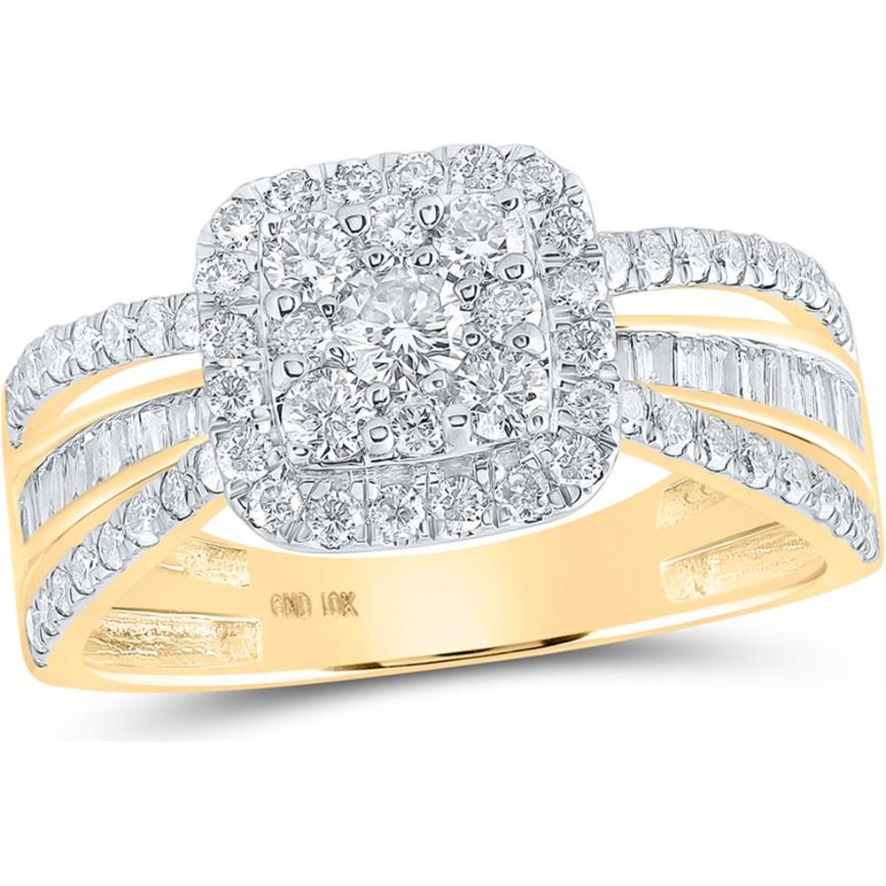 GND 10K Yellow Gold Square Design Ring with Round and Baguette Diamonds - 1.04 Carat Total Diamond Weight