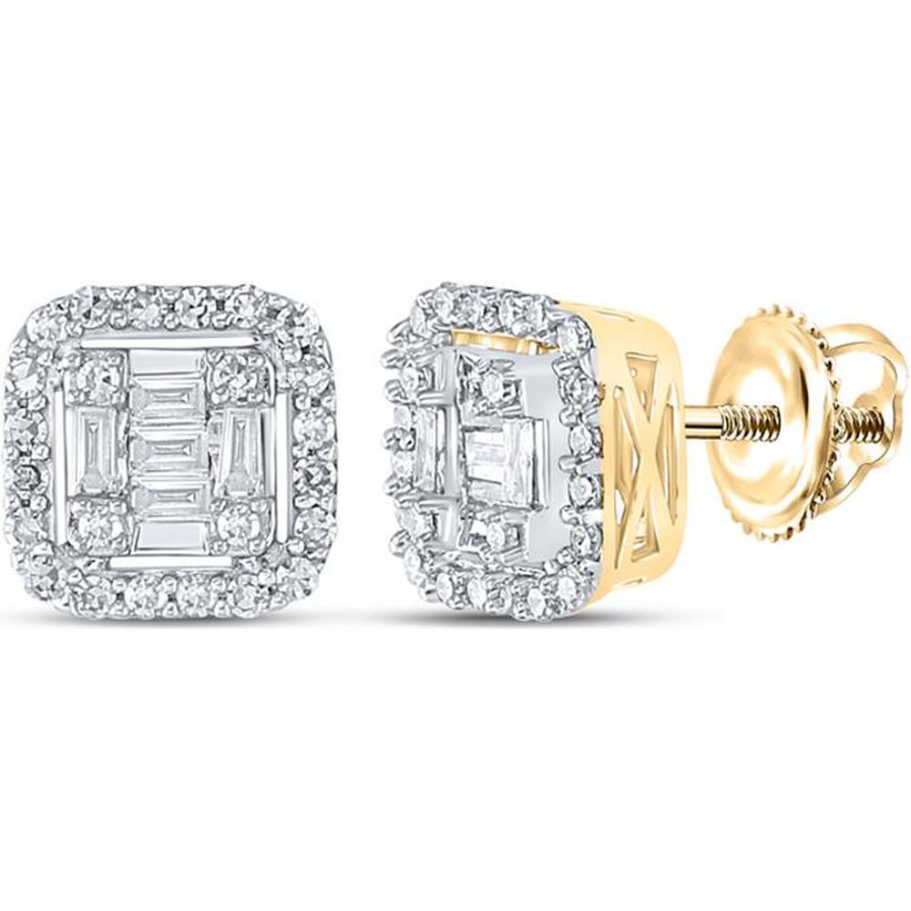 GND 10K Yellow Gold Square Earrings with Baguette and Round Diamonds - 0.21 Carat and 0.30 Carat Total Diamond Weight