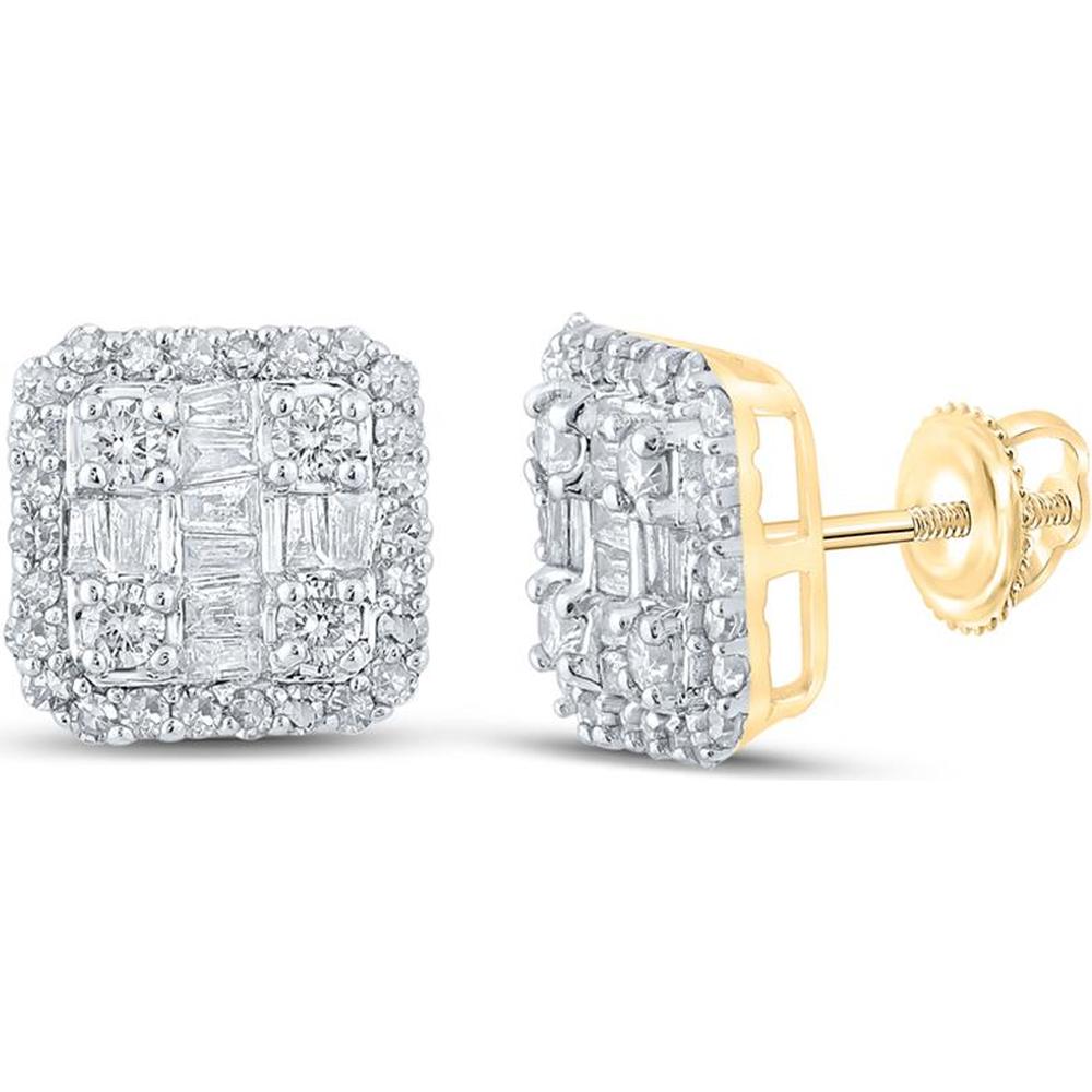GND 10K Yellow Gold Square Earrings with Baguette and Round Diamonds - 1/2 Total Carat Weight