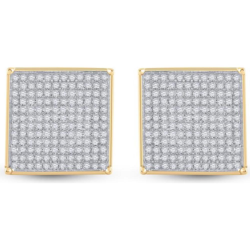 GND 10K Yellow Gold Square Earrings with Pave-Set Round Diamonds - 0.90 Carat Total Diamond Weight