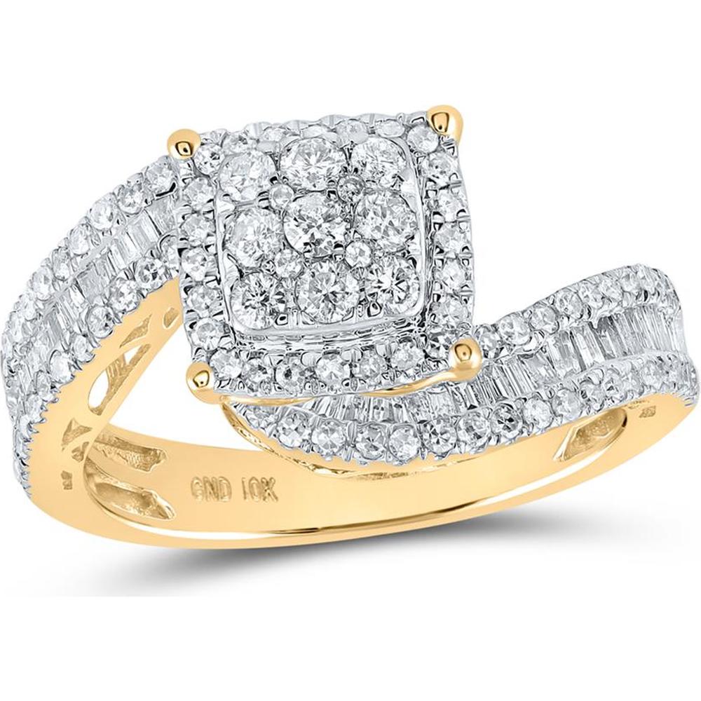 GND 10K Yellow Gold Square Halo Engagement Ring with Prong-Set Round and Channel-Set Baguette Diamonds - 1.25 Carat Total Diamond Weight