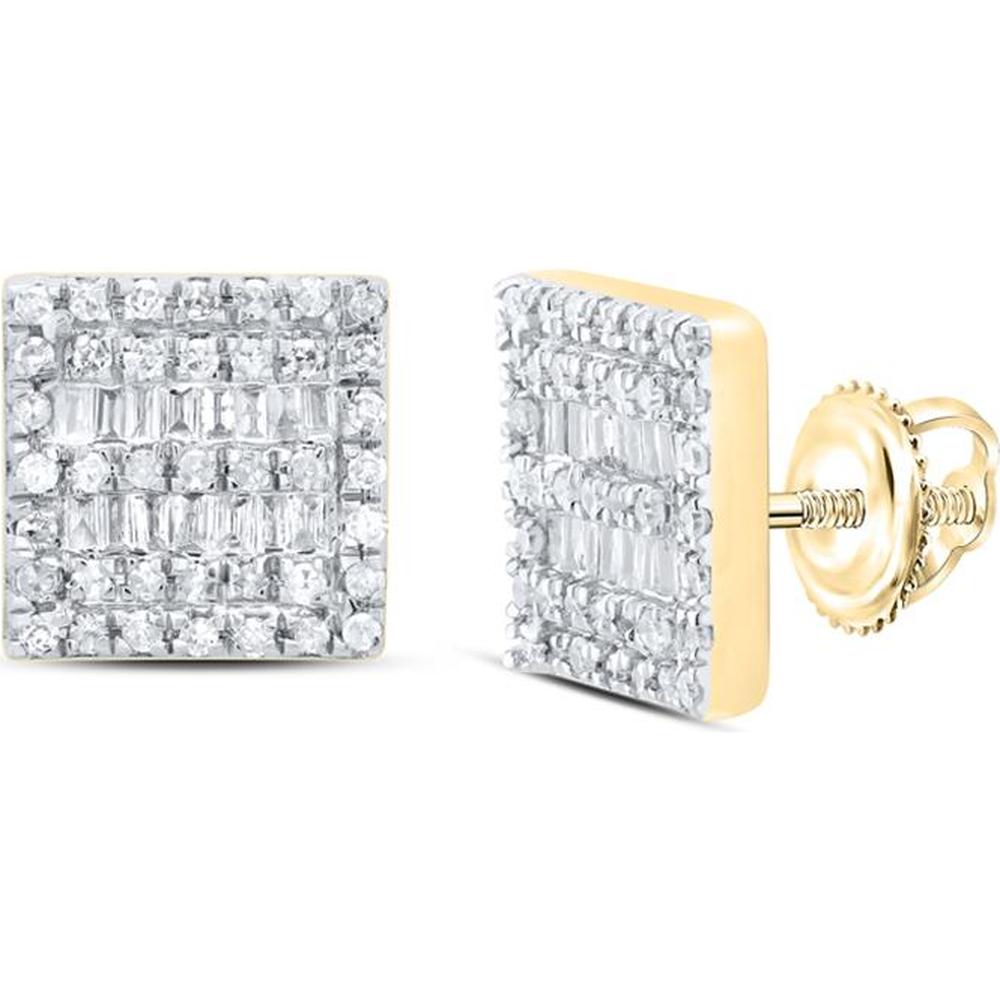 GND 10K Yellow Gold Square Stud Earrings with Baguette and Round Diamonds - 0.35 Carat Total Diamond Weight