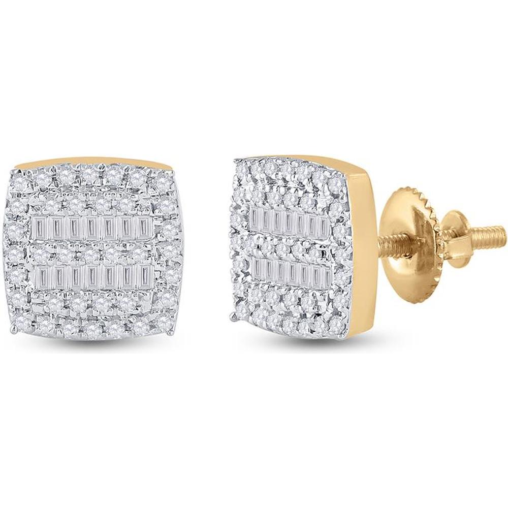 GND 10K Yellow Gold Square Stud Earrings with Channel-Set Baguette Diamonds and Pave-Set Round Diamonds - 1/3 Carat Total Diamond Weight