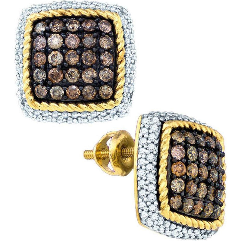 GND 10K Yellow Gold Square Stud Earrings with Pave Set Brown and White Diamonds - 1.33 Carat Total Carat Weight