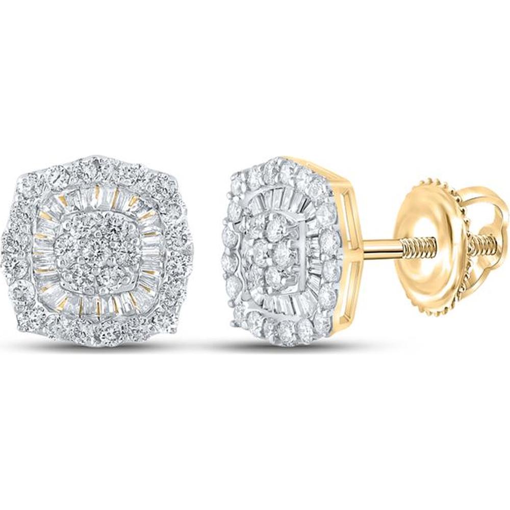 GND 10K Yellow Gold Square Stud Earrings with Prong-Set Baguette and Round Diamonds - 3/4 Carat Total Diamond Weight